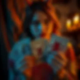 A woman looking contemplative while holding The Devil tarot card, reflecting on her journey since 2015.