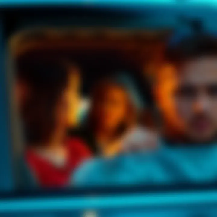 A young woman outside a car, speaking to another woman in front of a male passenger, suggesting an unusual invitation to join them.