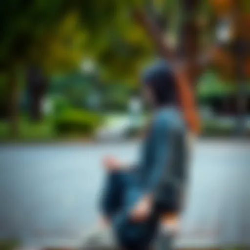 A woman sitting alone on a bench, looking contemplative and sad amidst a park setting, representing her struggles with faith and loneliness.