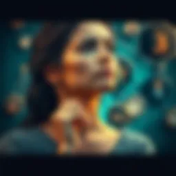 A woman pondering with a thoughtful expression, surrounded by abstract symbols of knowledge and perception, reflecting cultural themes.