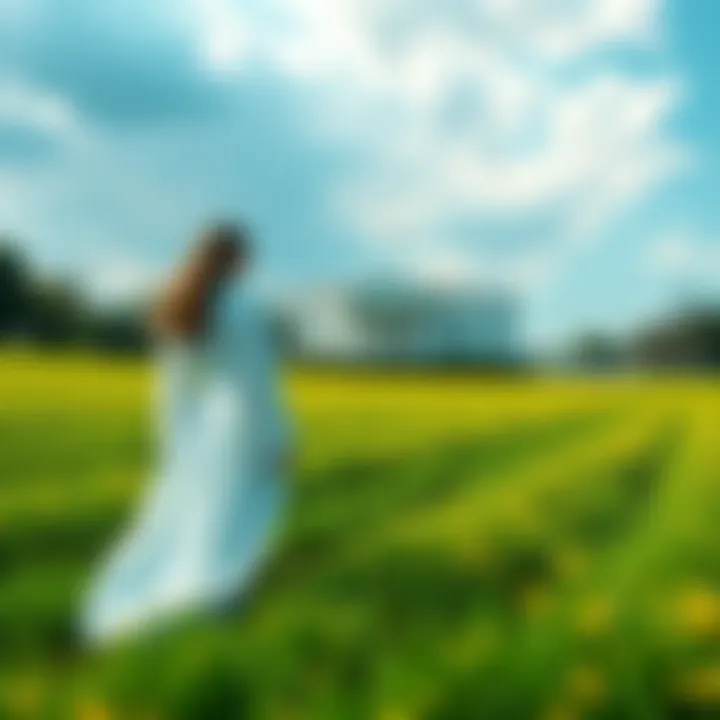 A woman dressed in flowing white robes stands in a vibrant green field near a chapel-like building resembling the White House.