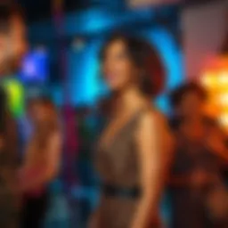 A woman wearing a leopard print dress, laughing and talking with friends at a social event, showing her bold fashion choice