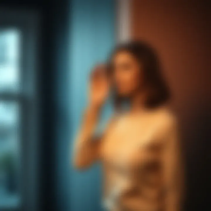 A woman standing in a quiet room, holding her ear as if listening to a voice, with a thoughtful expression on her face, reflecting her feelings about communication from beyond.