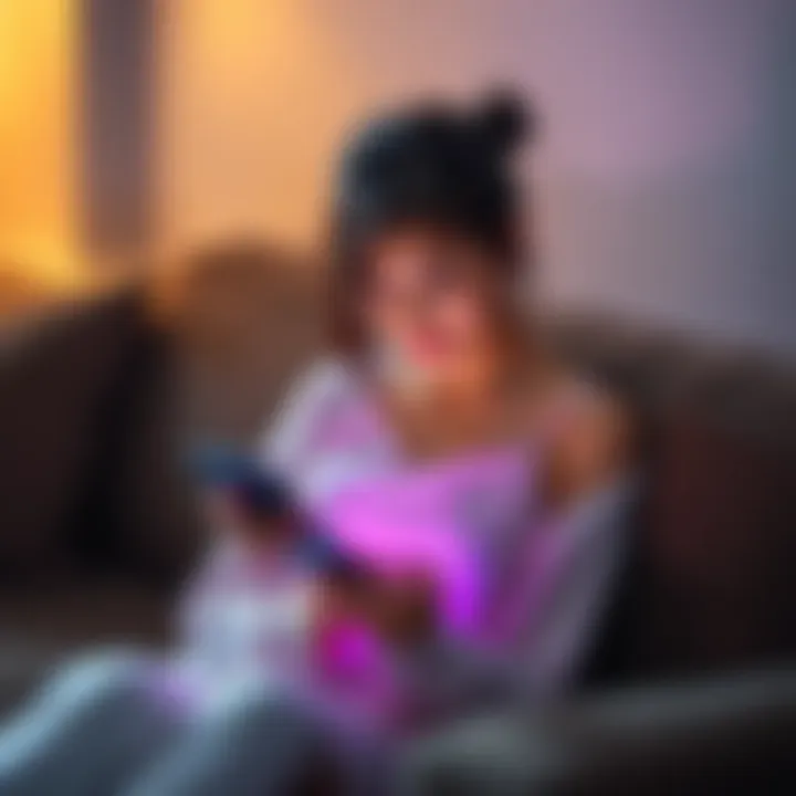 Woman looking at horoscope A woman sitting on a couch, thoughtfully looking at her phone, with a concerned expression about her relationship, surrounded by soft lighting.