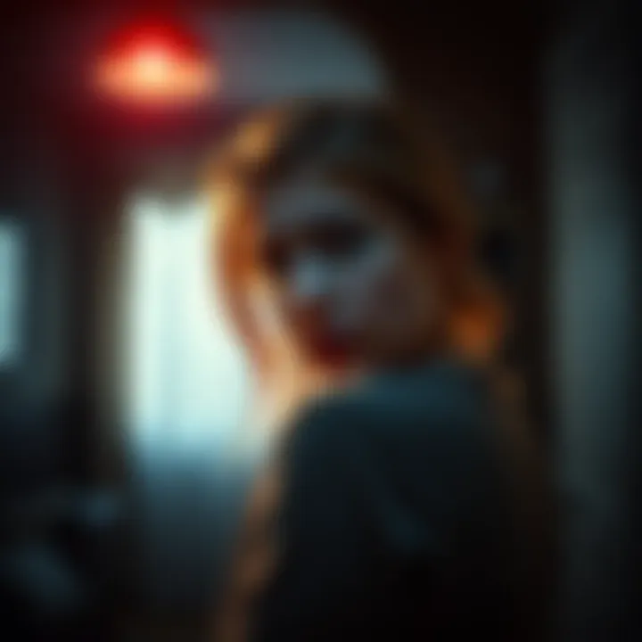 Woman looking fearful A woman with a distressed expression, glancing over her shoulder as if sensing a presence, in a dimly lit room.