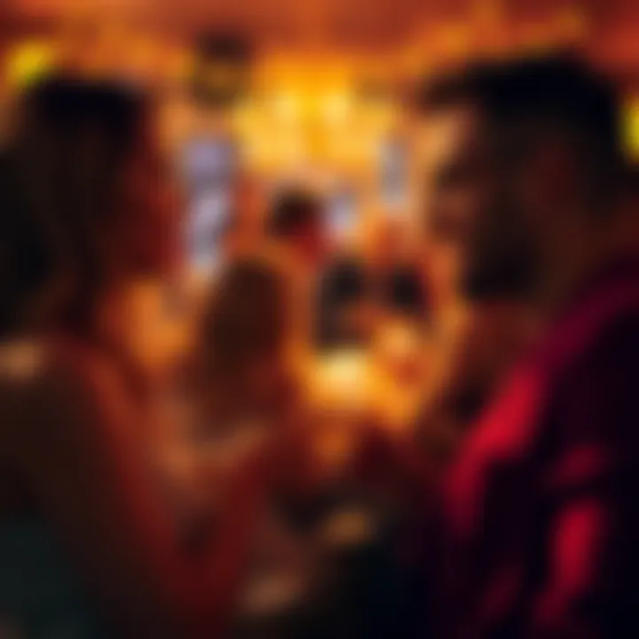A woman and a man engaged in a lively discussion about Scorpio personalities at a party, with warm lights and guests in the background.