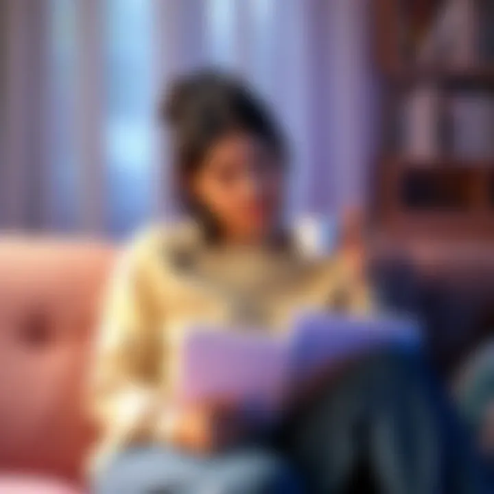 A young woman sitting on a couch, looking thoughtful while managing her symptoms with a notebook and a cup of tea.