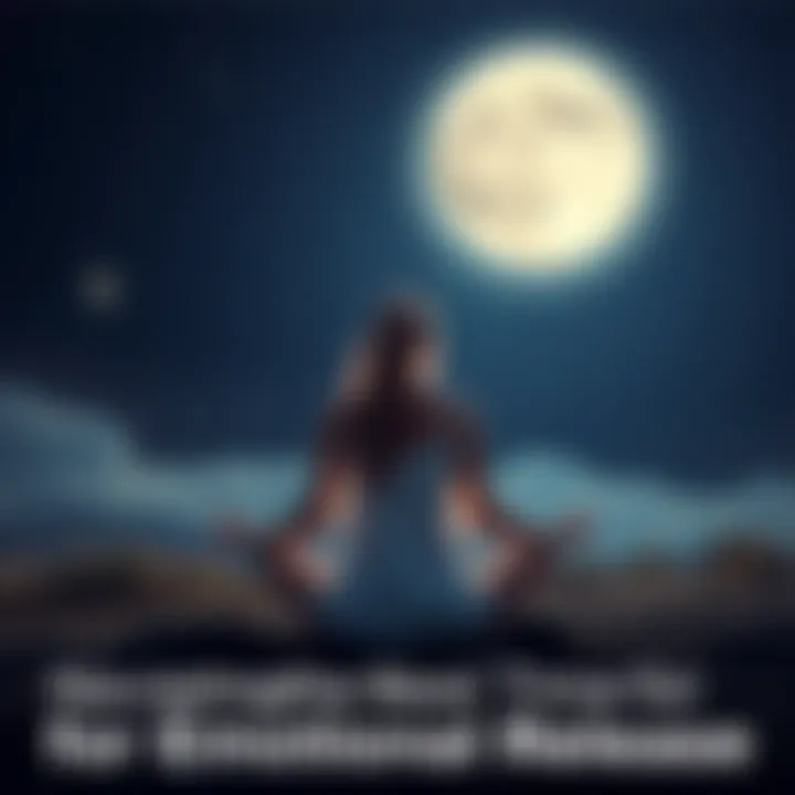 A woman sits cross-legged, meditating under a full moon, with stars shining around her, symbolizing emotional release and healing after a breakup.