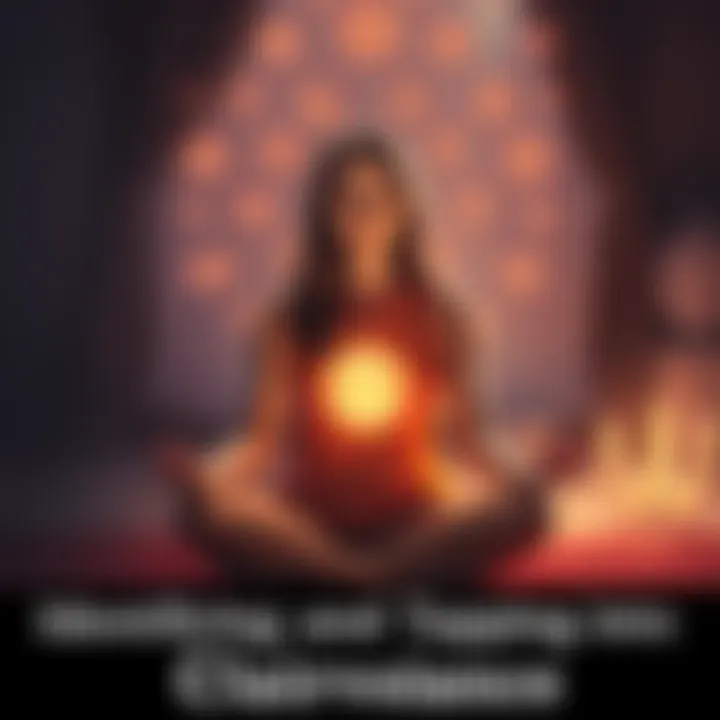 A woman sitting cross-legged in a peaceful setting, meditating with glowing spiritual symbols around her