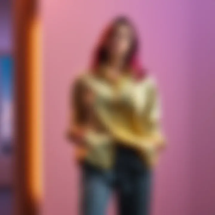 A woman confidently dressed in a men's shirt and pants, standing in a casual pose with a relaxed expression.