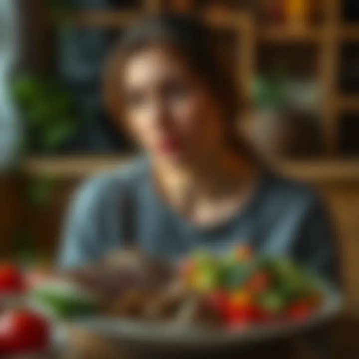 A woman looks thoughtfully at a plate of meat and vegetables, reflecting on her diet change and her parents' reactions.