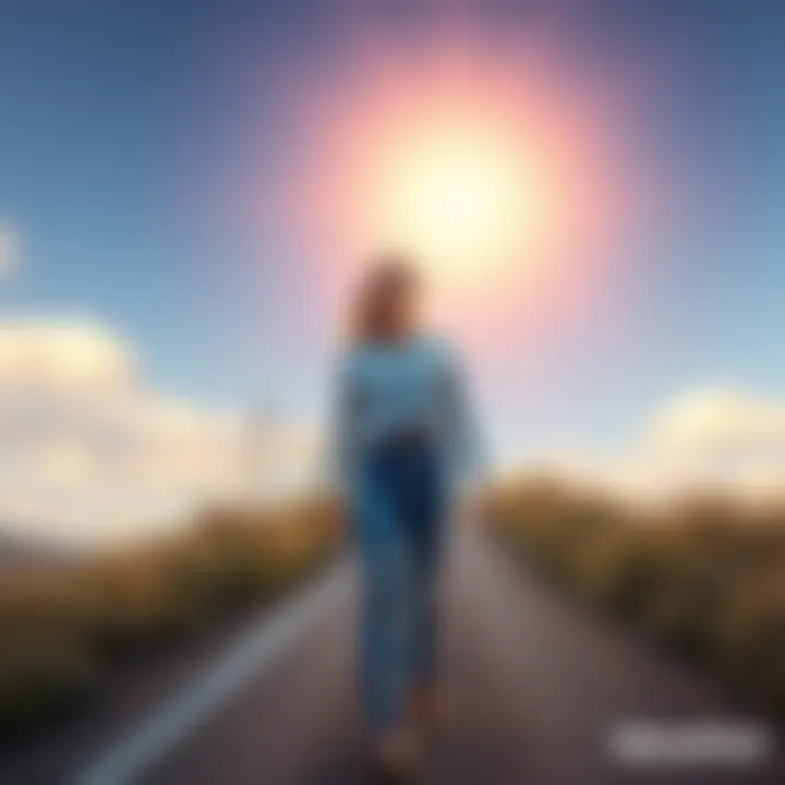 A 40-year-old woman walking on a path, looking confident and thoughtful as she embraces change in her life