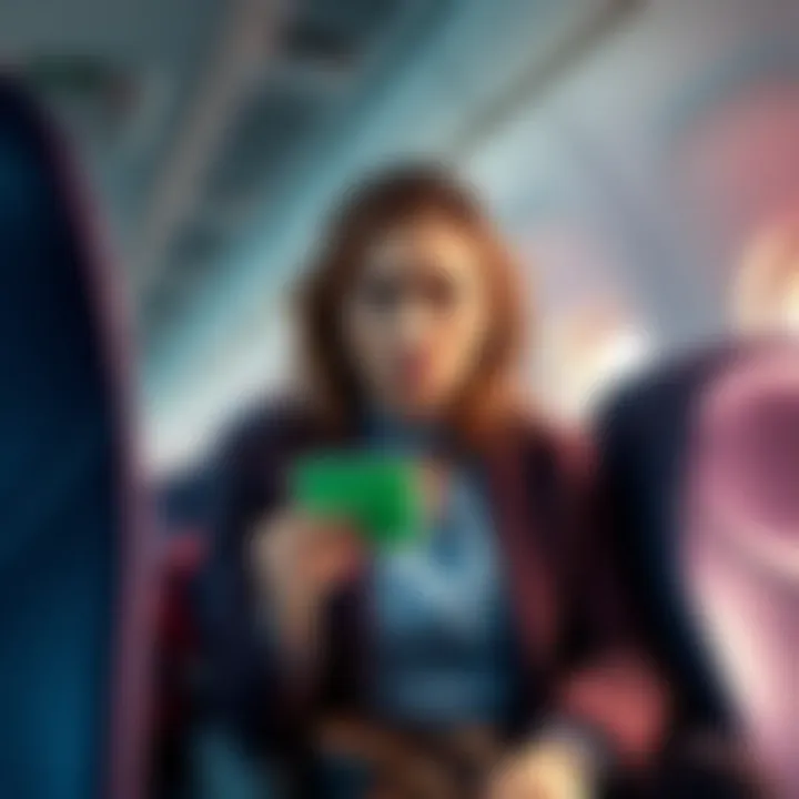 A quiet woman with anxious expression sitting alone on an airplane, no luggage in sight, holding a strange green ID.