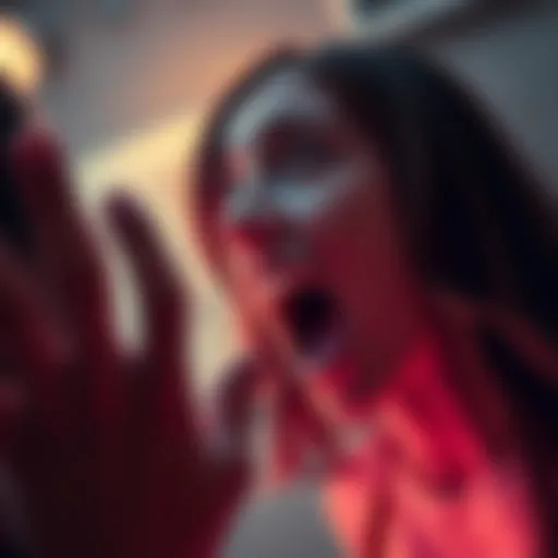 A woman with a shocked expression and her mouth wide open, approaching someone in a dreamlike setting.