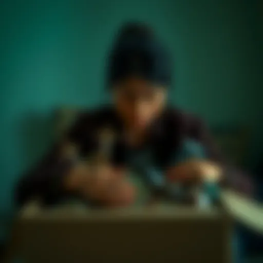 A woman with a contemplative expression packs away religious artifacts into a box, symbolizing her journey to move on from a past relationship.