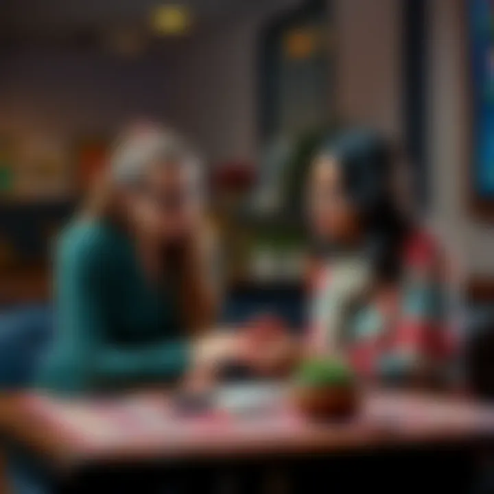 A woman sitting at a table with a palm reader examining her hand, both looking engaged in conversation.