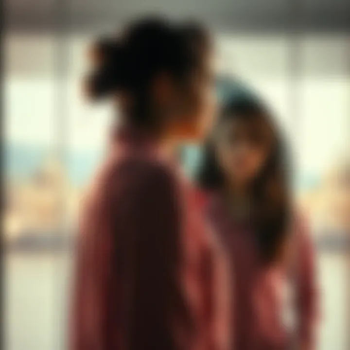 A woman looking at her reflection in a mirror that shows another version of her in a different setting.