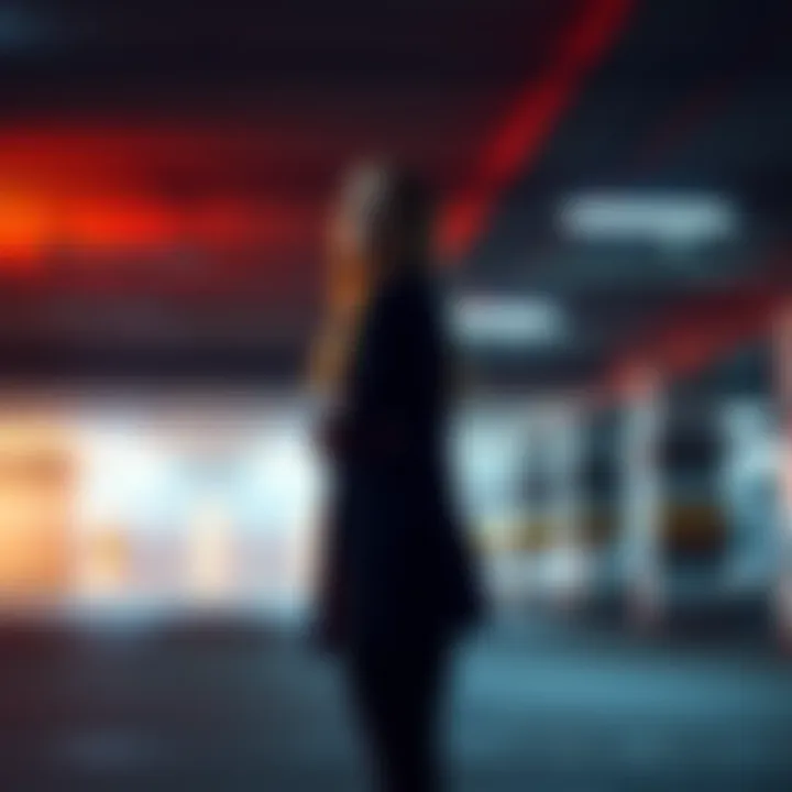 Woman in Parking Garage at Dawn A woman standing in a dimly lit parking garage looking confused as a man moves away after dropping something invisible into her hand.