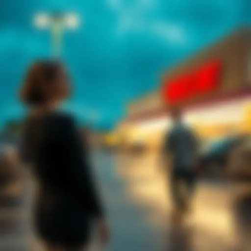 A woman looks back nervously while walking in a grocery store parking lot, with a man following her closely in the background.