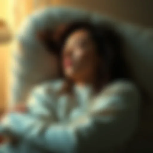 A woman lying on a couch with eyes closed, deep in thought, surrounded by soft lighting, reflecting on her past life experiences.