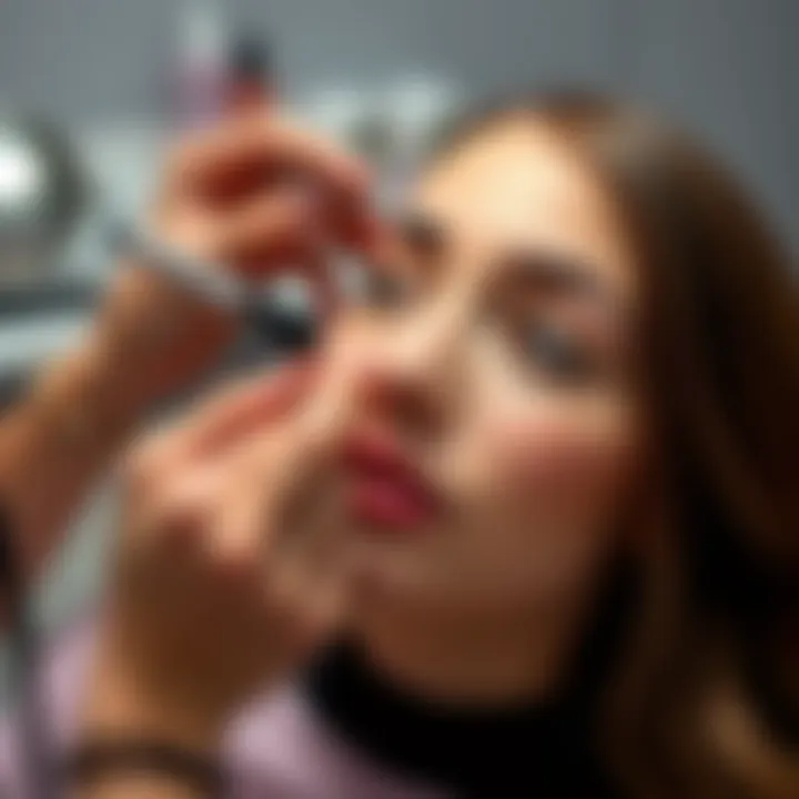 A woman enhancing her eyebrows with permanent makeup in a beauty salon