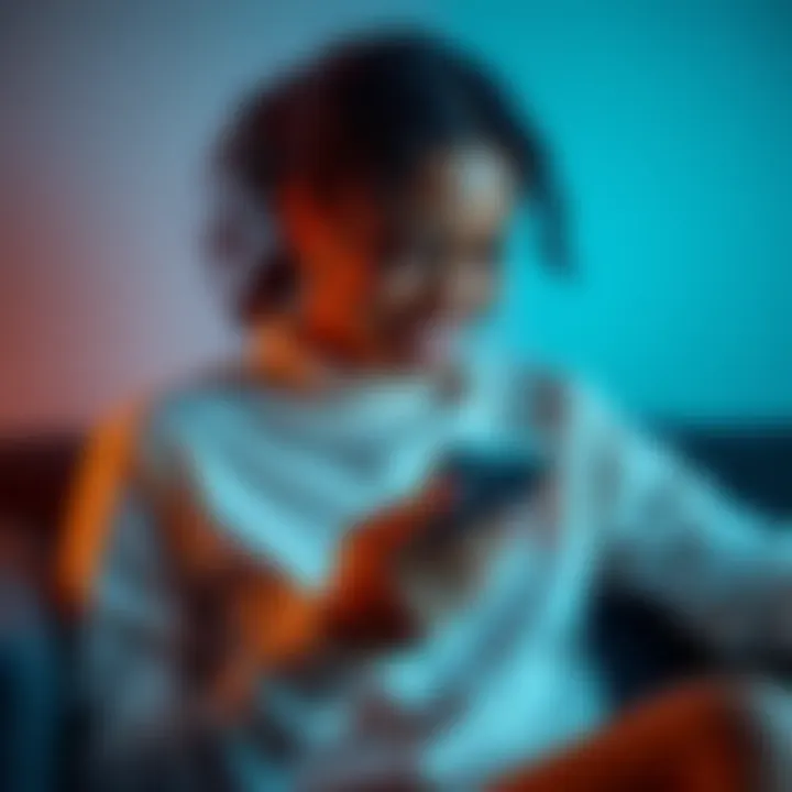 A woman smiles at her phone while sitting on a couch, representing connection and love in a long-distance relationship