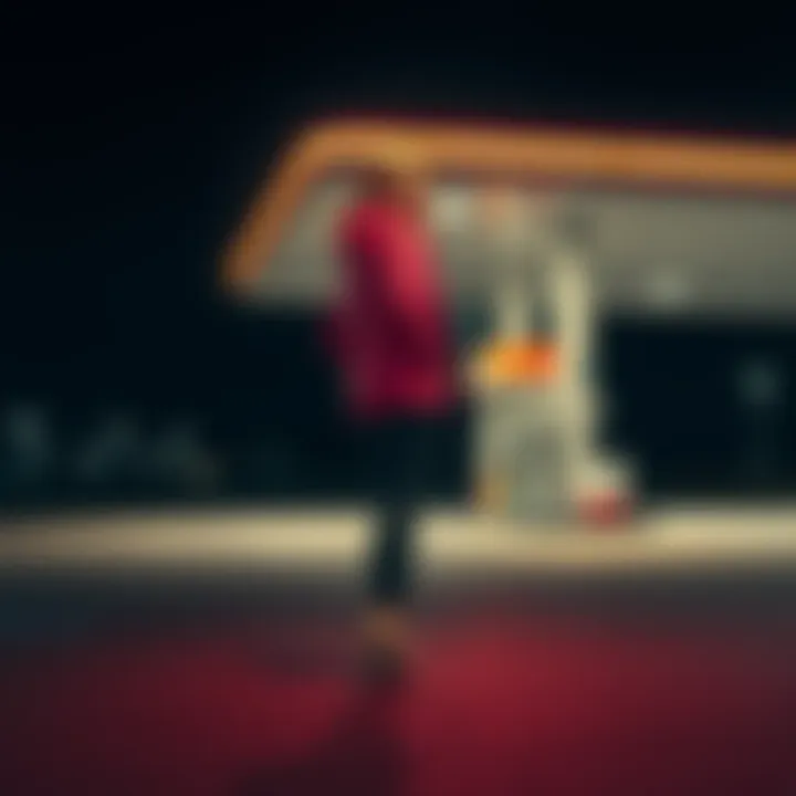 A woman wearing a pink jacket and heels stands at a gas station at night, looking around as if lost, with gas pumps in the background.