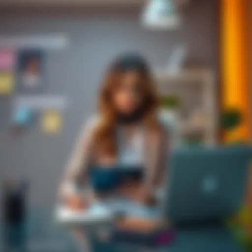 A determined 31-year-old woman sitting at a desk with a notebook and laptop, outlining her career aspirations for 2025.
