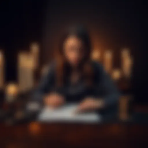 A woman sitting at a table with a pen and paper, looking determined as she writes down plans for revenge against her ex, surrounded by candles and dark decor.