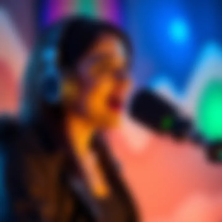 A woman with headphones speaking animatedly into a microphone during a live podcast session, surrounded by colorful soundwave graphics.