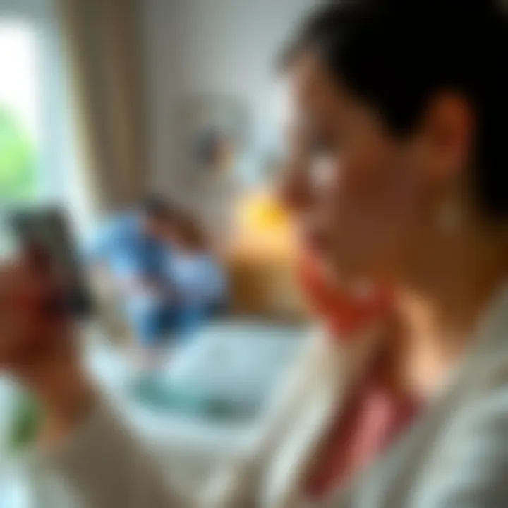 A 32-year-old woman thoughtfully considering marriage and children, looking at a photo of a couple with a baby in a cozy home setting.