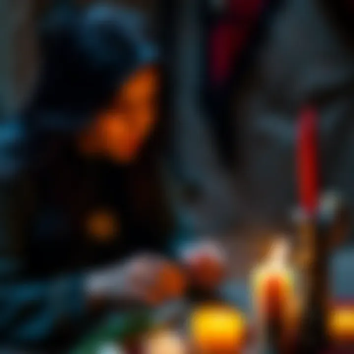 Woman practicing brujería A woman with long dark hair performs a brujería ritual with candles, herbs, and a small altar, reflecting her connection to Mexican culture.