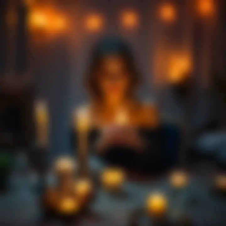 A woman practicing magic with candles A woman sits at a table with candles and crystals, reflecting on her failed reconciliation spell. She appears contemplative and focused, surrounded by a cozy, mystical atmosphere.