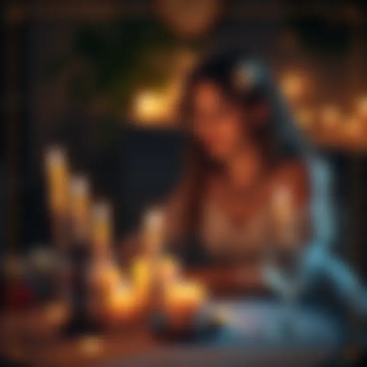 A woman sits at a table with candles and crystals, looking contemplative as she explores spells for love and reconciliation.