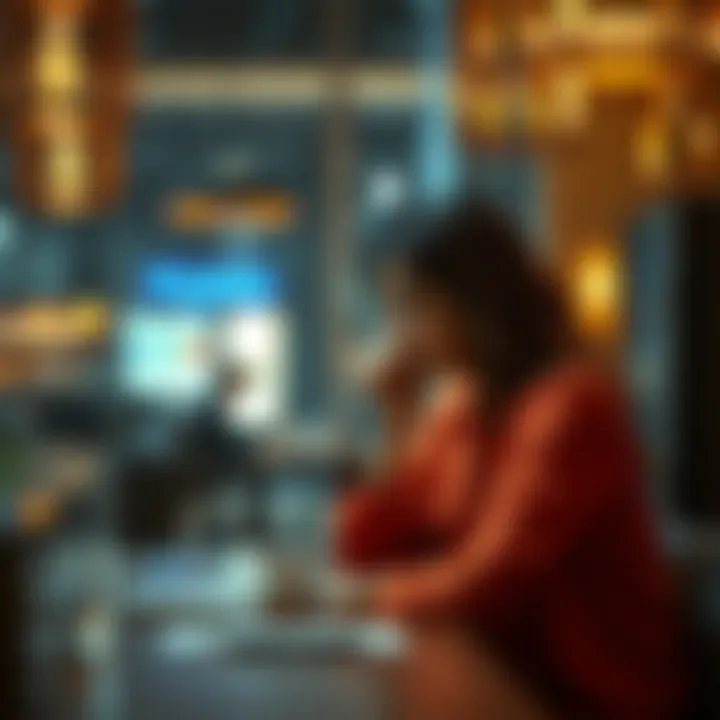 Woman engaged in problem solving A woman sits thoughtfully at a table, hearing a calming female humming sound, reflecting on her thoughts about relationships and spirituality.