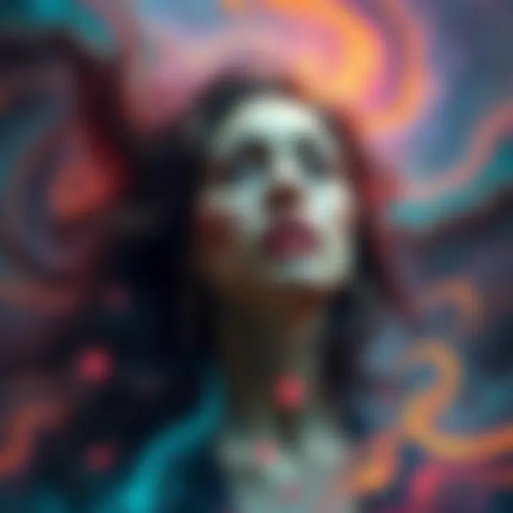 A woman surrounded by swirling colors and abstract forms, conveying emotions of fear and revelation during a psychedelic journey.