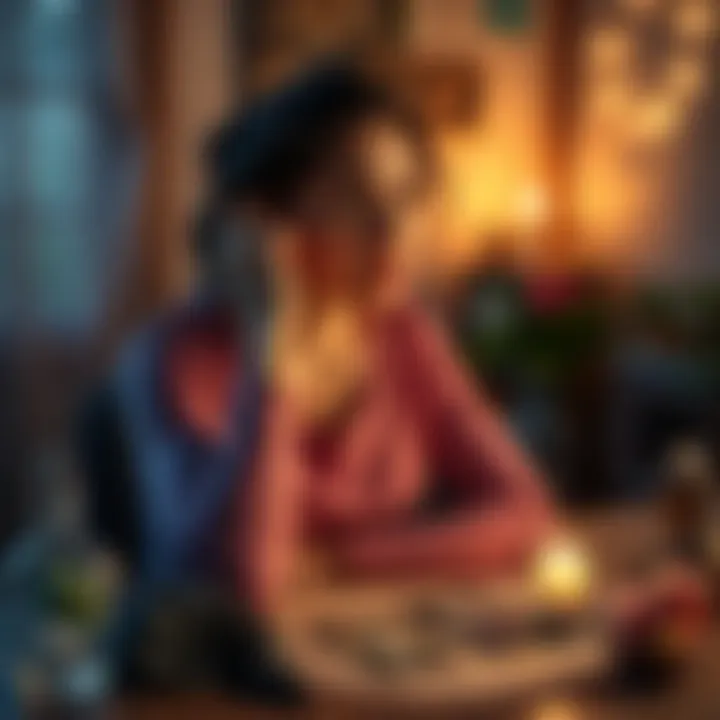 A woman looks thoughtful while sitting in a cozy room, surrounded by crystals and tarot cards, reflecting on her spiritual journey and the costs involved.