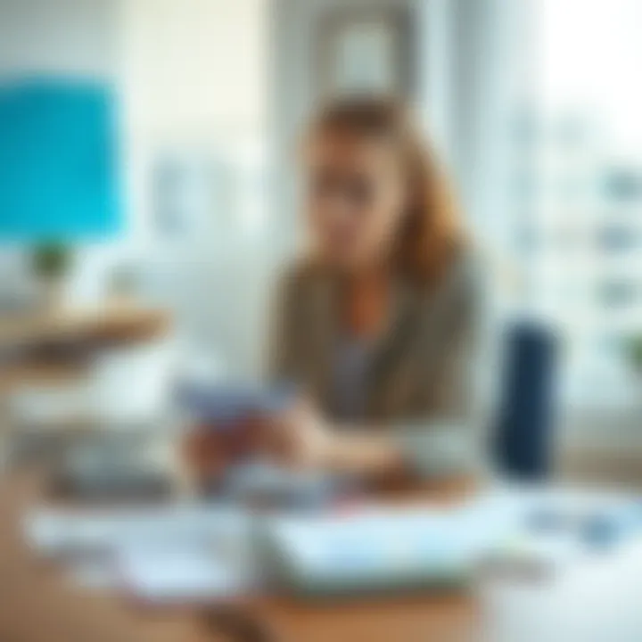 A 38-year-old woman sitting at a desk with a notebook, deep in thought about her job and family choices, with financial documents scattered around her.