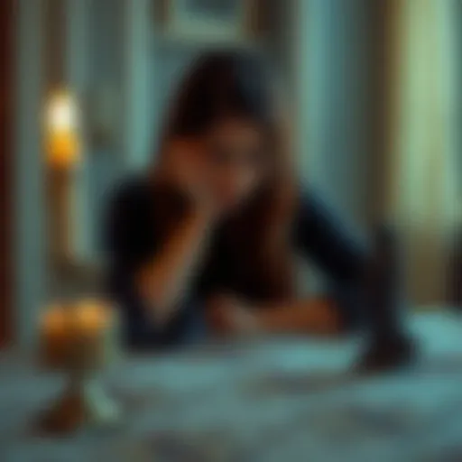 A woman sitting at a table, looking troubled with a candle and Santa Muerte statue nearby, symbolizing her connection to witchcraft and family conflict.