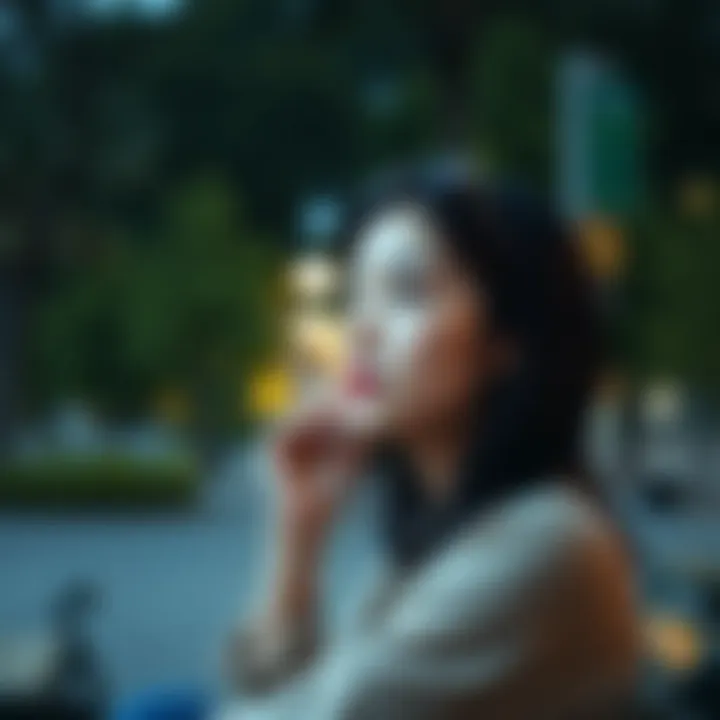 A 35-year-old woman looking thoughtful while sitting in a park, inspired by a post to connect with others