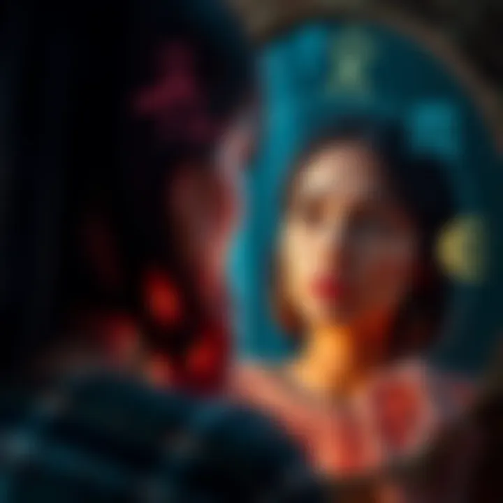 A woman looking thoughtfully at her reflection in a mirror, with a backdrop of astrological symbols representing different traits, highlighting her unique identity.