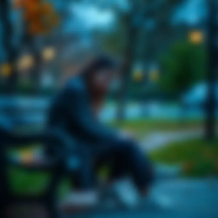 A young woman sitting on a park bench, looking thoughtfully at the ground, symbolizing her journey of self-acceptance regarding her queer identity and attraction to women.