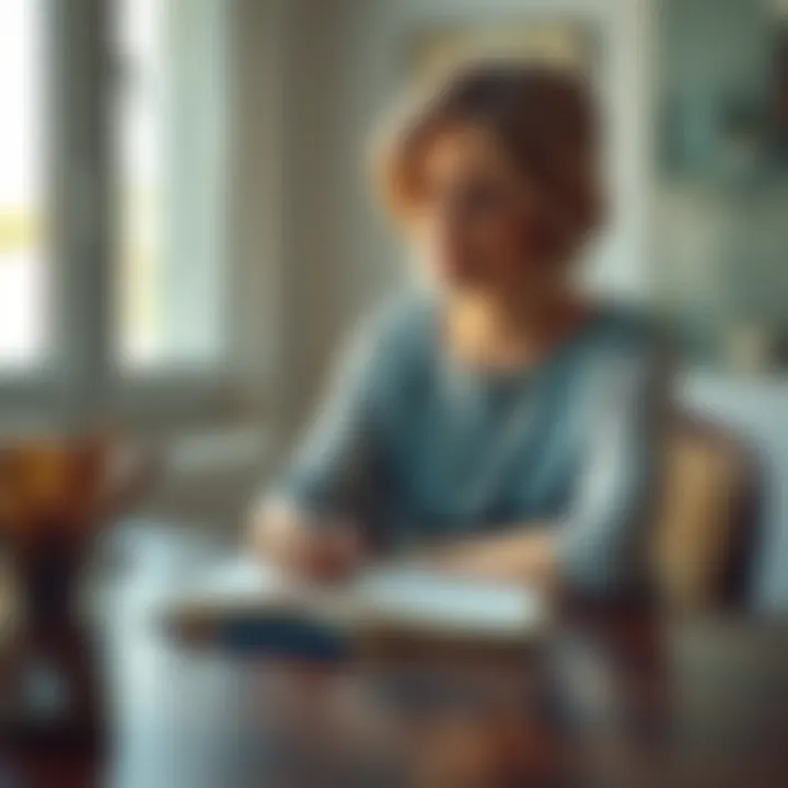 A woman sits at a table with a journal and pen, looking contemplative after learning about her husband's affair.