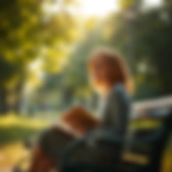 A woman sitting on a park bench, looking contemplative as she holds a journal, with trees and sunlight in the background.
