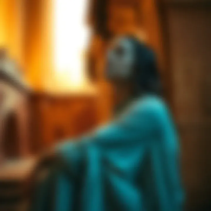 A woman sits in a serene setting, her eyes closed as she reflects on memories of an ancient love. Soft light creates a warm atmosphere, symbolizing her emotional journey.