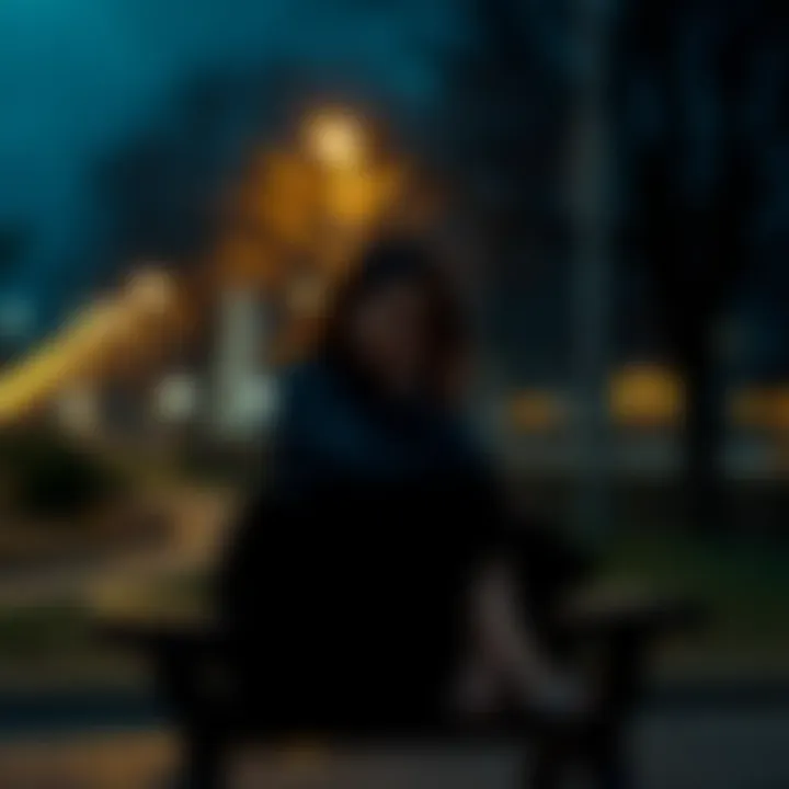 A woman sitting alone on a bench, looking sorrowful and lost in thought, symbolizing love and loss.