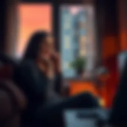 A woman sitting in her living room, speaking on the phone while looking concerned, with a window showing an apartment building in the background.