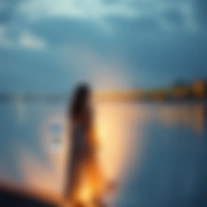 A woman in a flowing dress stands next to a river, lost in thought, with a soft glow around her holding a phone displaying a QR code.