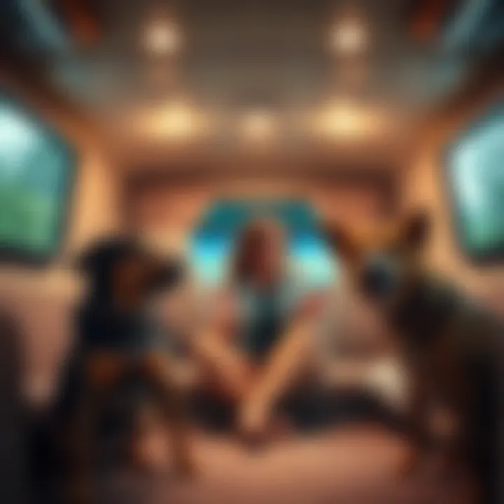 A woman sits inside an RV, looking frightened as she hears strange knocks and voices. Her pets appear anxious, sensing danger around them.