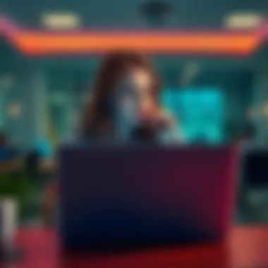 A young woman sitting at her laptop, looking thoughtful as she engages with online forums, seeking advice and sharing experiences.